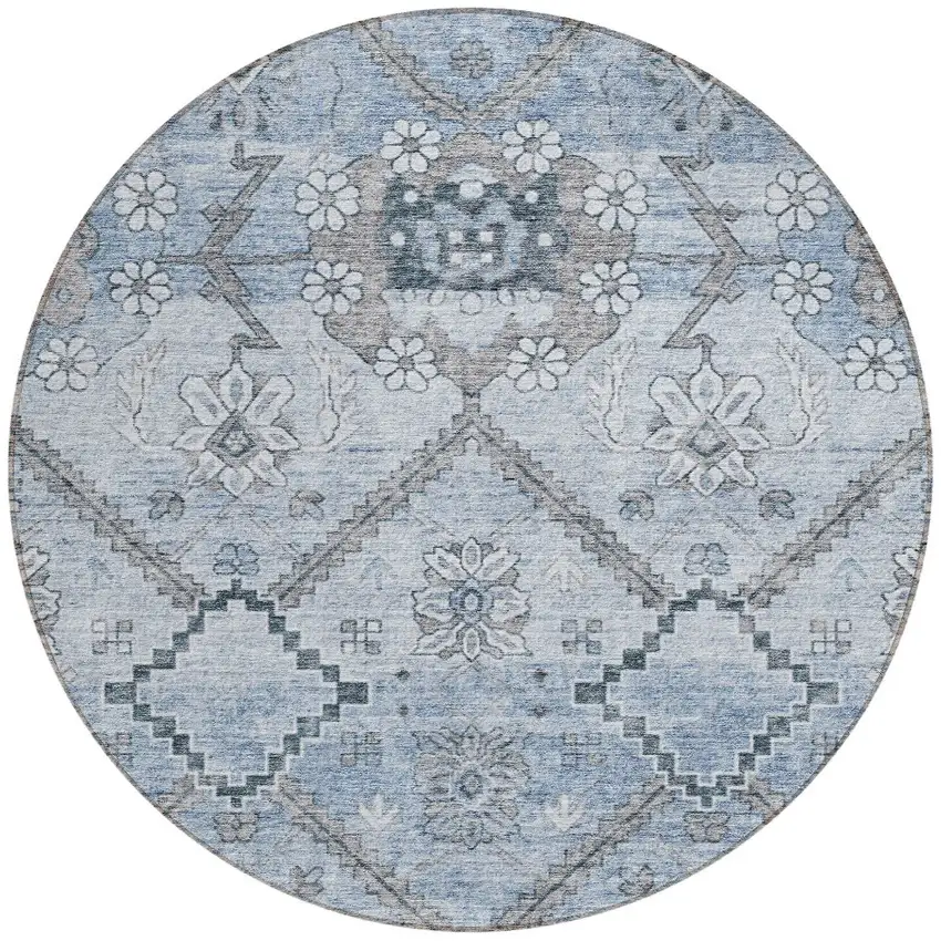 8' Sky Blue And Denim Blue Round Floral Washable Indoor Outdoor Area Rug Photo 6