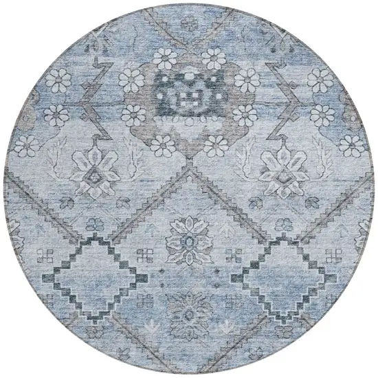 8' Sky Blue And Denim Blue Round Floral Washable Indoor Outdoor Area Rug Photo 6