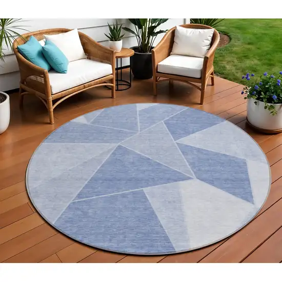 8' Sky Blue And Denim Blue Round Geometric Washable Indoor Outdoor Area Rug Photo 1