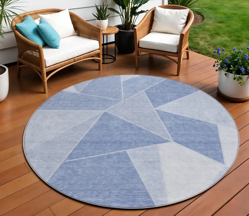 8' Sky Blue And Denim Blue Round Geometric Washable Indoor Outdoor Area Rug Photo 1
