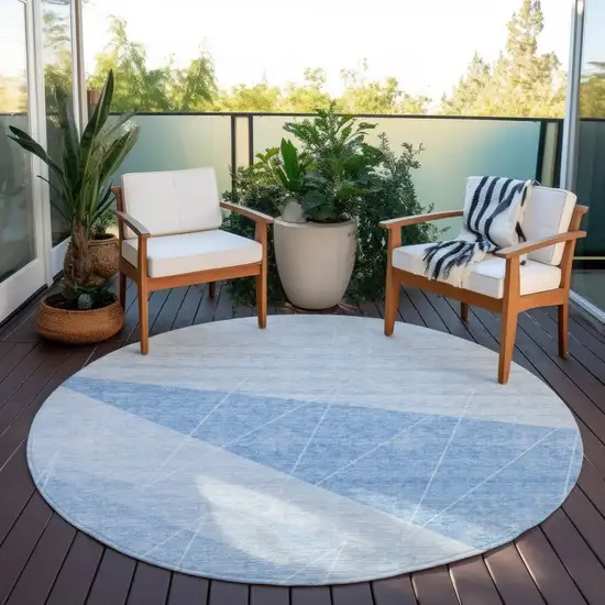 8' Sky Blue And Denim Blue Round Geometric Washable Indoor Outdoor Area Rug Photo 6