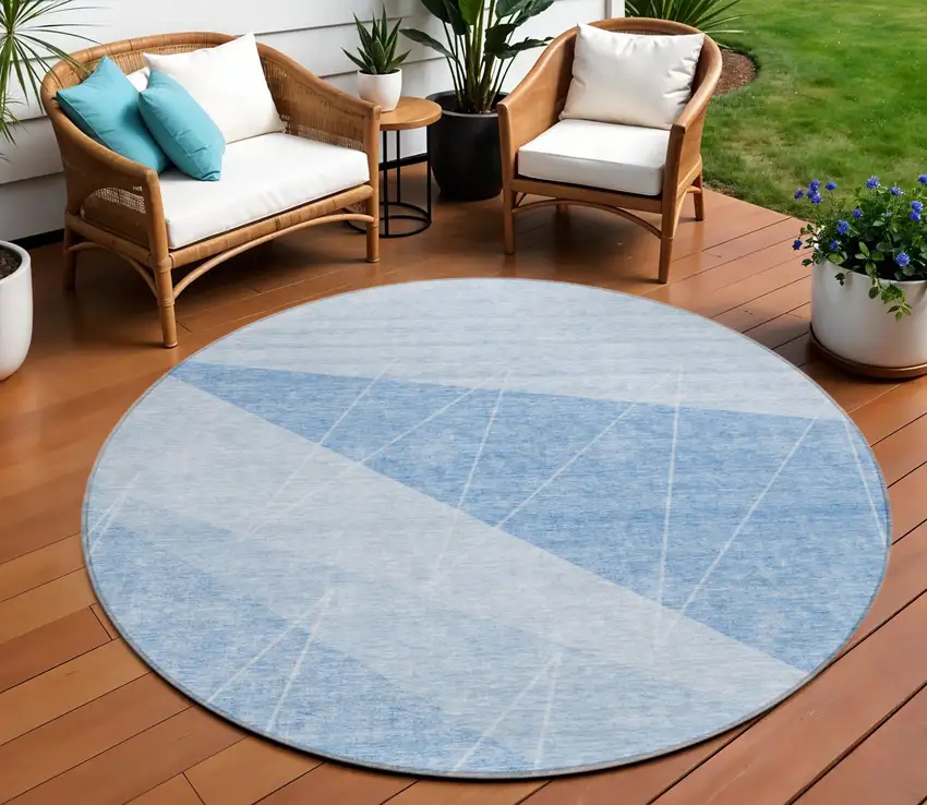 8' Sky Blue And Denim Blue Round Geometric Washable Indoor Outdoor Area Rug Photo 1