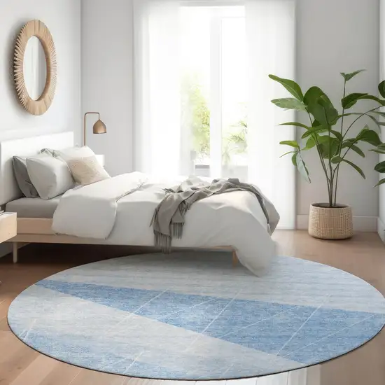 8' Sky Blue And Denim Blue Round Geometric Washable Indoor Outdoor Area Rug Photo 7