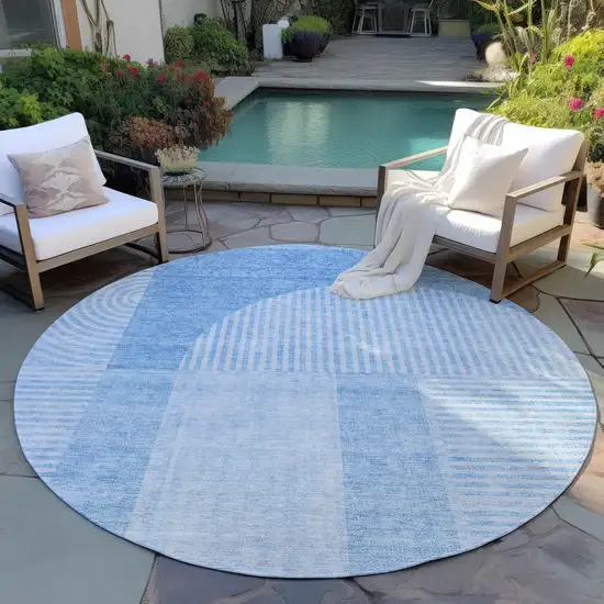 8' Sky Blue And Denim Blue Round Geometric Washable Indoor Outdoor Area Rug Photo 6