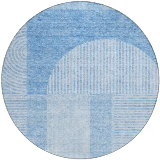 8' Sky Blue And Denim Blue Round Geometric Washable Indoor Outdoor Area Rug Photo 2