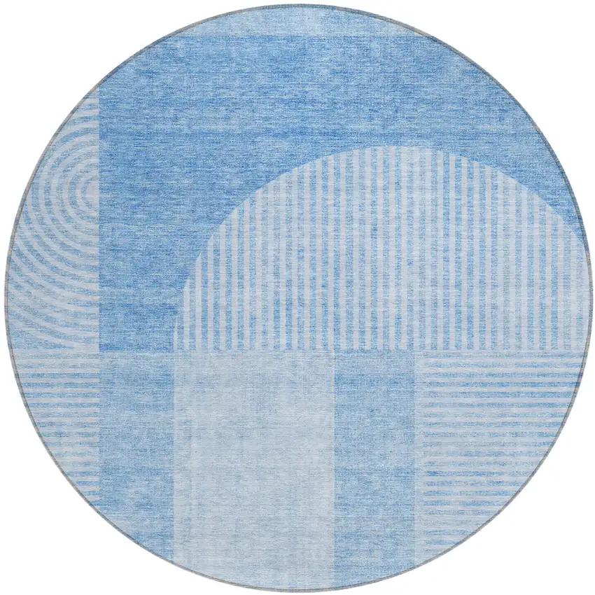 8' Sky Blue And Denim Blue Round Geometric Washable Indoor Outdoor Area Rug Photo 2