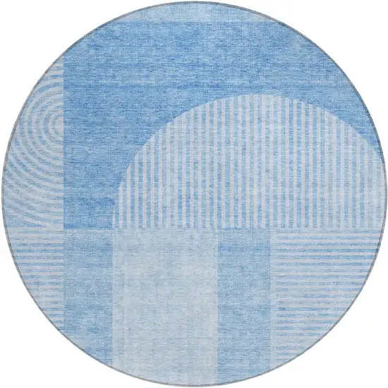 8' Sky Blue And Denim Blue Round Geometric Washable Indoor Outdoor Area Rug Photo 2
