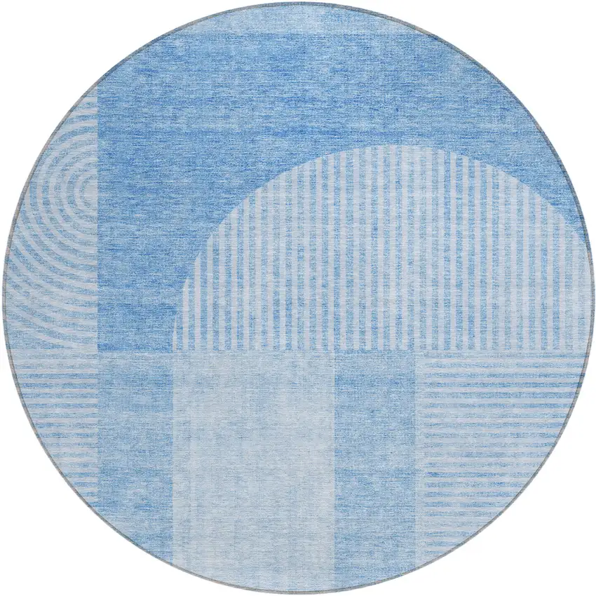 8' Sky Blue And Denim Blue Round Geometric Washable Indoor Outdoor Area Rug Photo 2