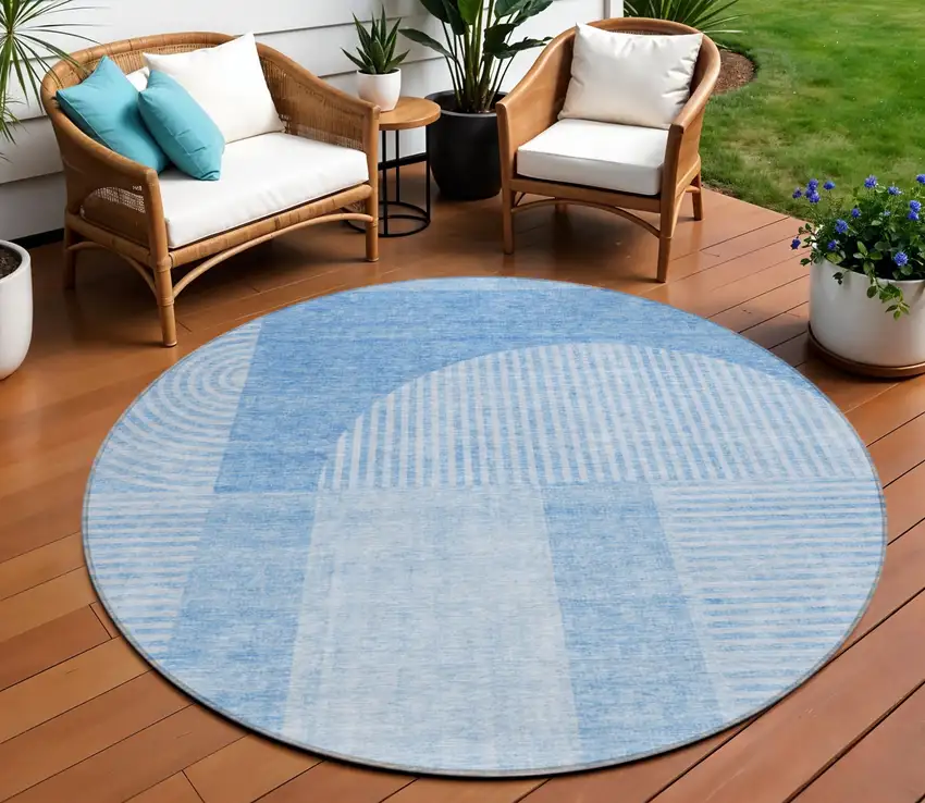 8' Sky Blue And Denim Blue Round Geometric Washable Indoor Outdoor Area Rug Photo 1