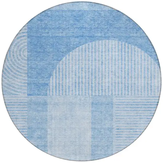 8' Sky Blue And Denim Blue Round Geometric Washable Indoor Outdoor Area Rug Photo 5