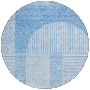 Photo of 8' Sky Blue And Denim Blue Round Geometric Washable Indoor Outdoor Area Rug