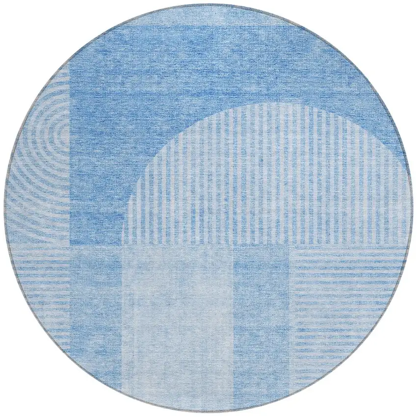 8' Sky Blue And Denim Blue Round Geometric Washable Indoor Outdoor Area Rug Photo 5