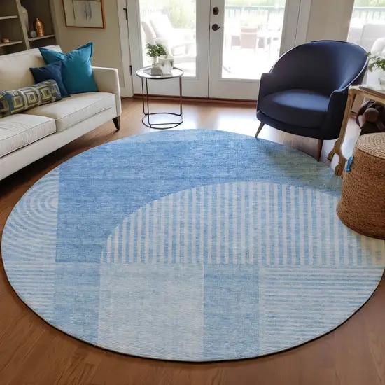 8' Sky Blue And Denim Blue Round Geometric Washable Indoor Outdoor Area Rug Photo 7