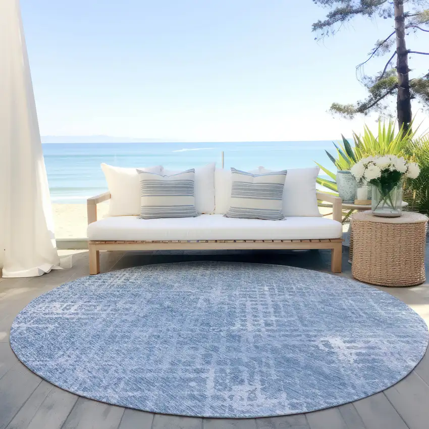 8' Sky Blue And Denim Blue Round Geometric Washable Indoor Outdoor Area Rug Photo 6