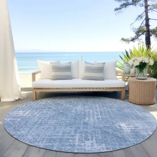 8' Sky Blue And Denim Blue Round Geometric Washable Indoor Outdoor Area Rug Photo 6