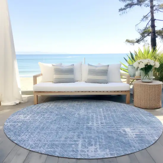 8' Sky Blue And Denim Blue Round Geometric Washable Indoor Outdoor Area Rug Photo 6