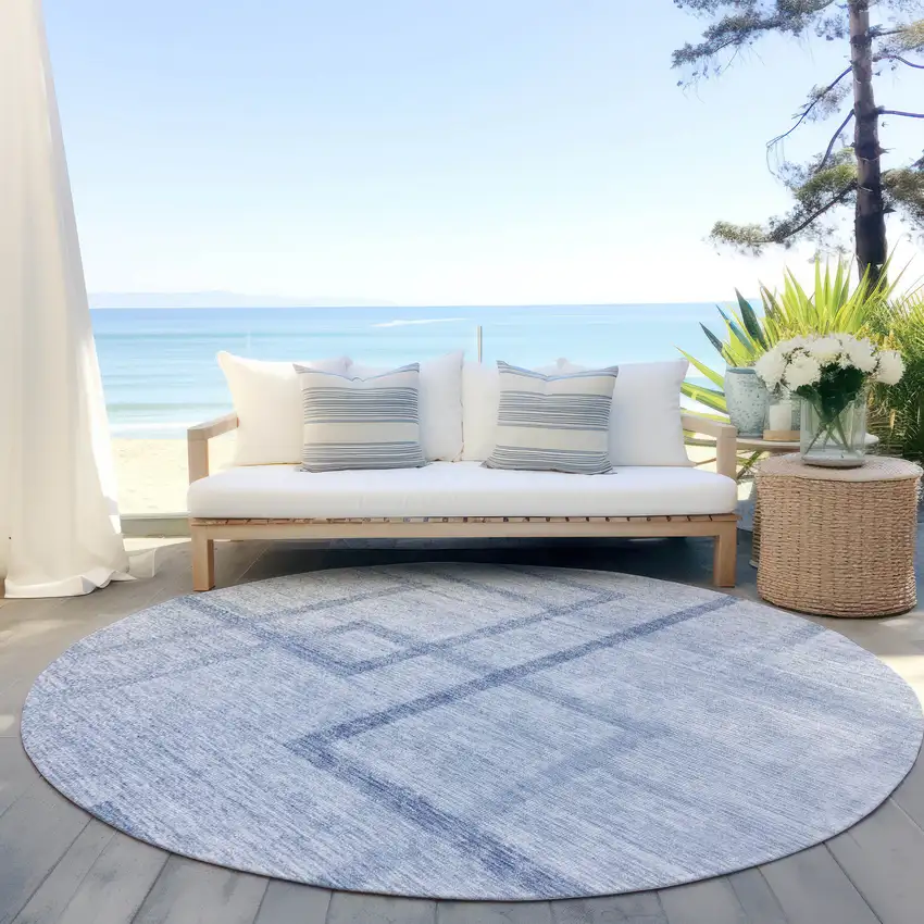 8' Sky Blue And Denim Blue Round Geometric Washable Indoor Outdoor Area Rug Photo 6