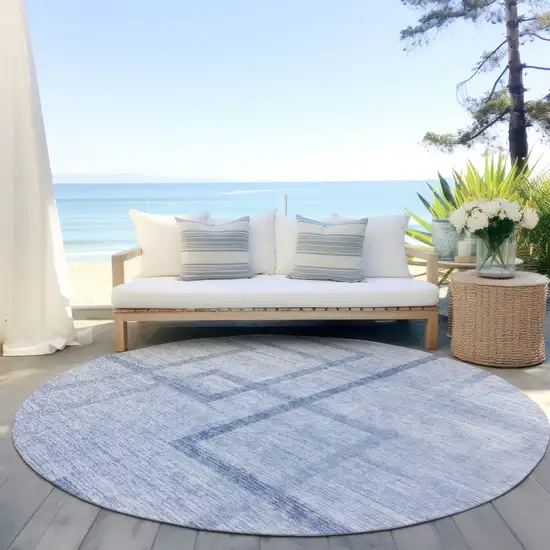8' Sky Blue And Denim Blue Round Geometric Washable Indoor Outdoor Area Rug Photo 6