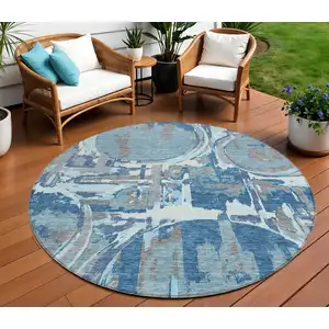 Photo of 8' Sky Blue And Denim Blue Round Geometric Washable Indoor Outdoor Area Rug