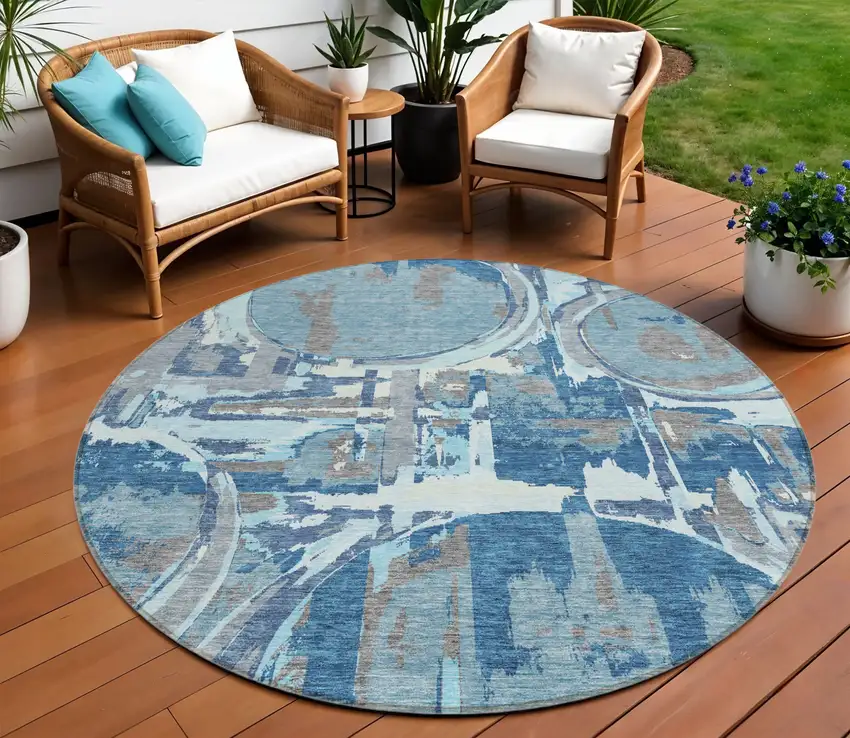 8' Sky Blue And Denim Blue Round Geometric Washable Indoor Outdoor Area Rug Photo 1