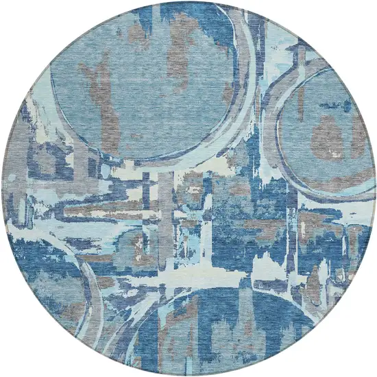 8' Sky Blue And Denim Blue Round Geometric Washable Indoor Outdoor Area Rug Photo 2
