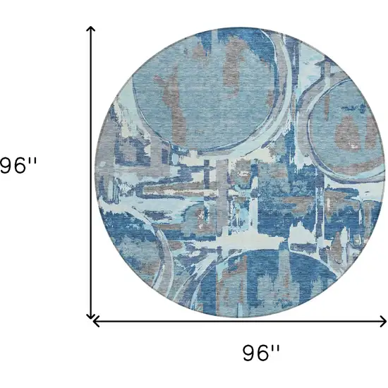 8' Sky Blue And Denim Blue Round Geometric Washable Indoor Outdoor Area Rug Photo 3