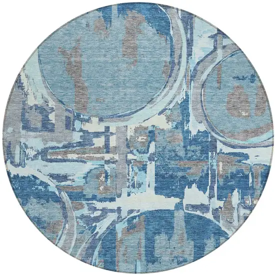 8' Sky Blue And Denim Blue Round Geometric Washable Indoor Outdoor Area Rug Photo 6