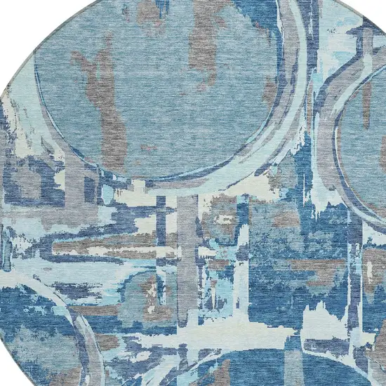 8' Sky Blue And Denim Blue Round Geometric Washable Indoor Outdoor Area Rug Photo 4