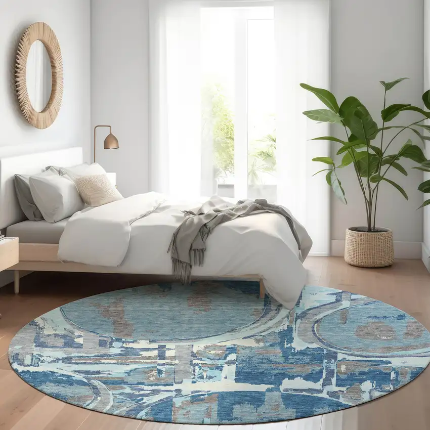 8' Sky Blue And Denim Blue Round Geometric Washable Indoor Outdoor Area Rug Photo 8