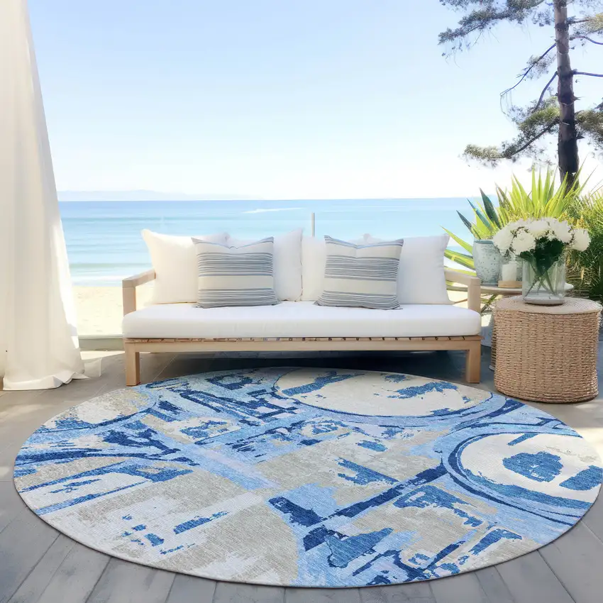 8' Sky Blue And Denim Blue Round Geometric Washable Indoor Outdoor Area Rug Photo 8