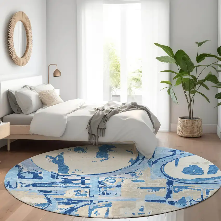 8' Sky Blue And Denim Blue Round Geometric Washable Indoor Outdoor Area Rug Photo 9