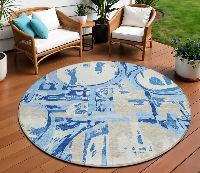 8' Sky Blue And Denim Blue Round Geometric Washable Indoor Outdoor Area Rug Photo 2