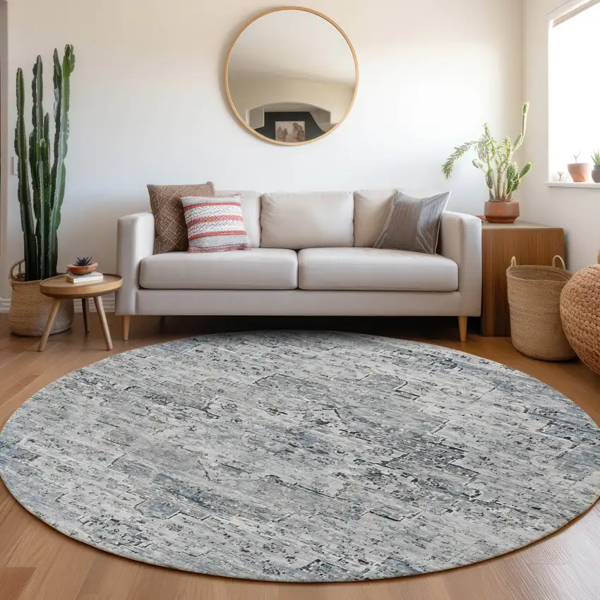 8' Sky Blue And Denim Blue Round Medallion Washable Indoor Outdoor Area Rug Photo 6