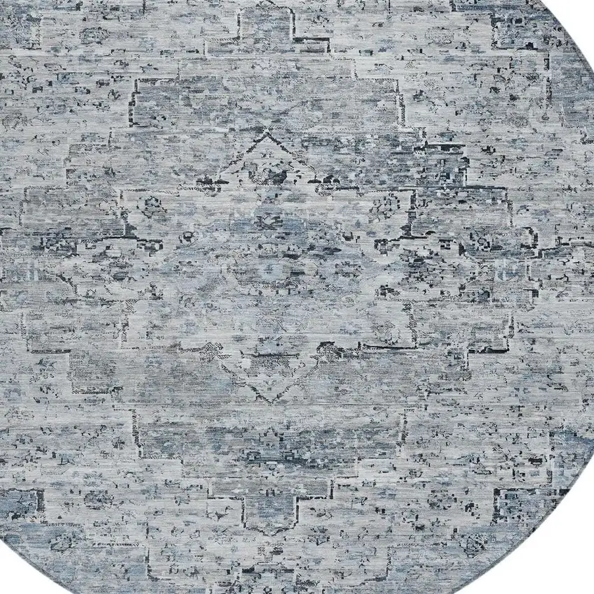 8' Sky Blue And Denim Blue Round Medallion Washable Indoor Outdoor Area Rug Photo 4