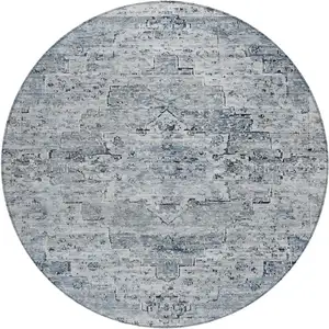 Photo of 8' Sky Blue And Denim Blue Round Medallion Washable Indoor Outdoor Area Rug