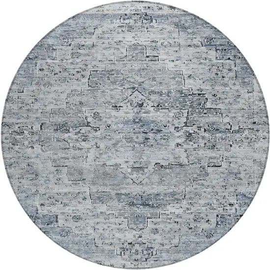 8' Sky Blue And Denim Blue Round Medallion Washable Indoor Outdoor Area Rug Photo 1