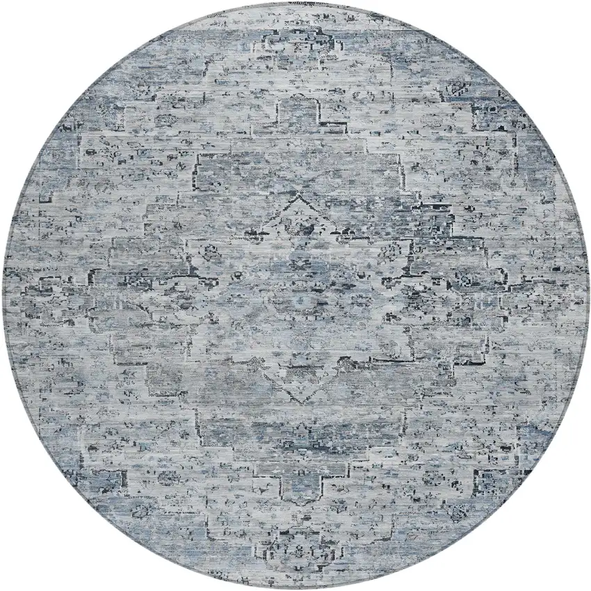 8' Sky Blue And Denim Blue Round Medallion Washable Indoor Outdoor Area Rug Photo 1