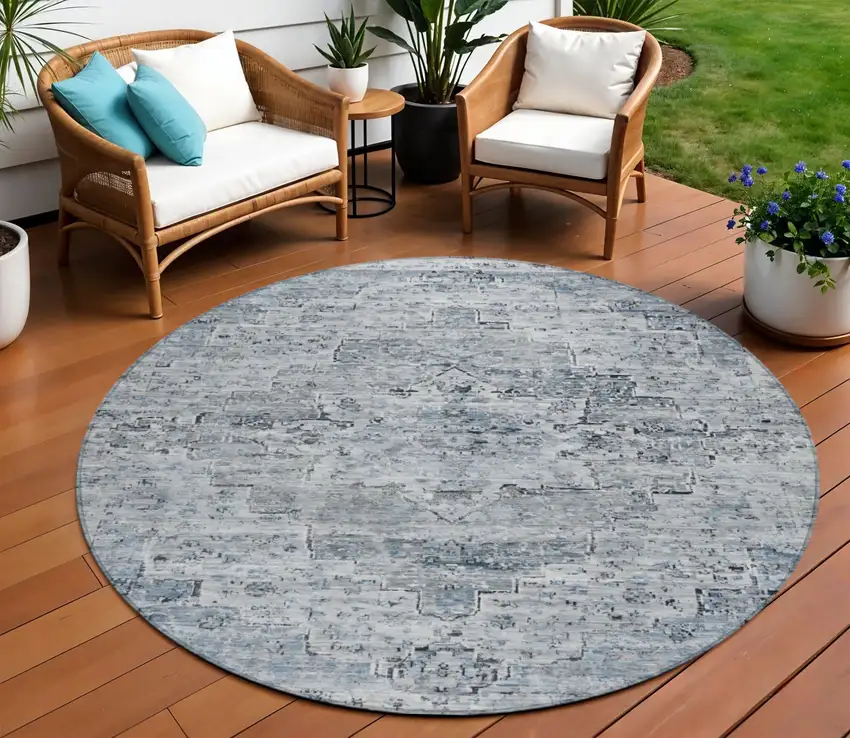 8' Sky Blue And Denim Blue Round Medallion Washable Indoor Outdoor Area Rug Photo 2