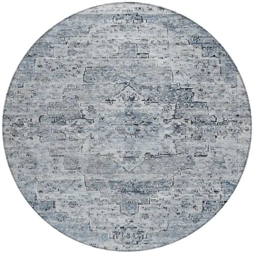 8' Sky Blue And Denim Blue Round Medallion Washable Indoor Outdoor Area Rug Photo 3