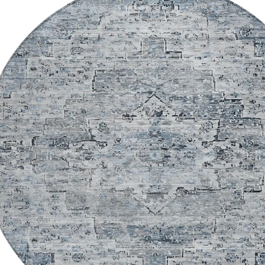 8' Sky Blue And Denim Blue Round Medallion Washable Indoor Outdoor Area Rug Photo 8