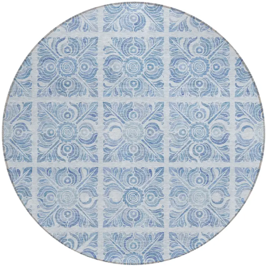 8' Sky Blue And Denim Blue Round Medallion Washable Indoor Outdoor Area Rug Photo 2