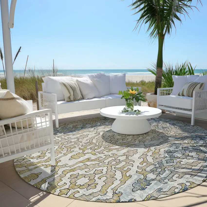 8' Sky Blue And Denim Blue Round Medallion Washable Indoor Outdoor Area Rug Photo 8