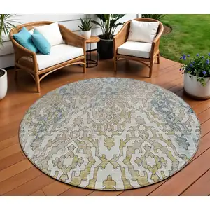 Photo of 8' Sky Blue And Denim Blue Round Medallion Washable Indoor Outdoor Area Rug