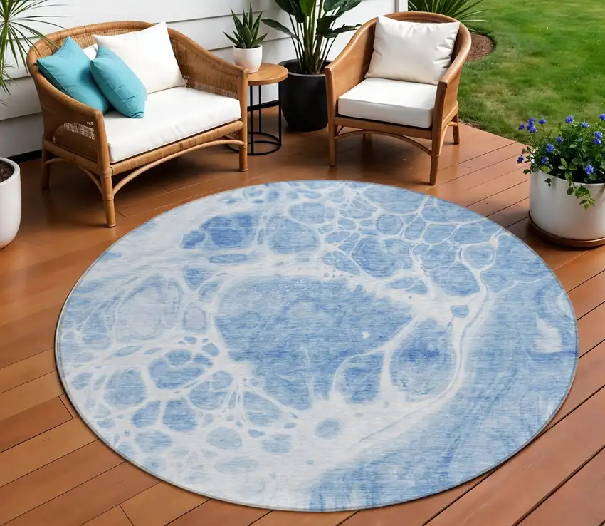 8' Sky Blue And Denim Blue Round Nautical Washable Indoor Outdoor Area Rug Photo 1