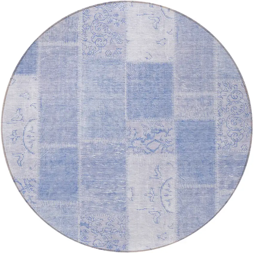 8' Sky Blue And Denim Blue Round Patchwork Washable Indoor Outdoor Area Rug Photo 4