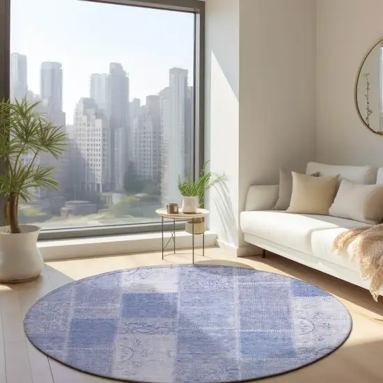 8' Sky Blue And Denim Blue Round Patchwork Washable Indoor Outdoor Area Rug Photo 6