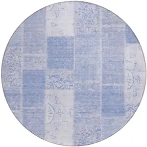 Photo of 8' Sky Blue And Denim Blue Round Patchwork Washable Indoor Outdoor Area Rug