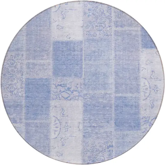 8' Sky Blue And Denim Blue Round Patchwork Washable Indoor Outdoor Area Rug Photo 1