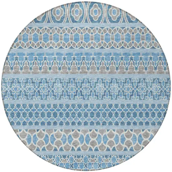 8' Sky Blue And Denim Blue Round Quatrefoil Washable Indoor Outdoor Area Rug Photo 6