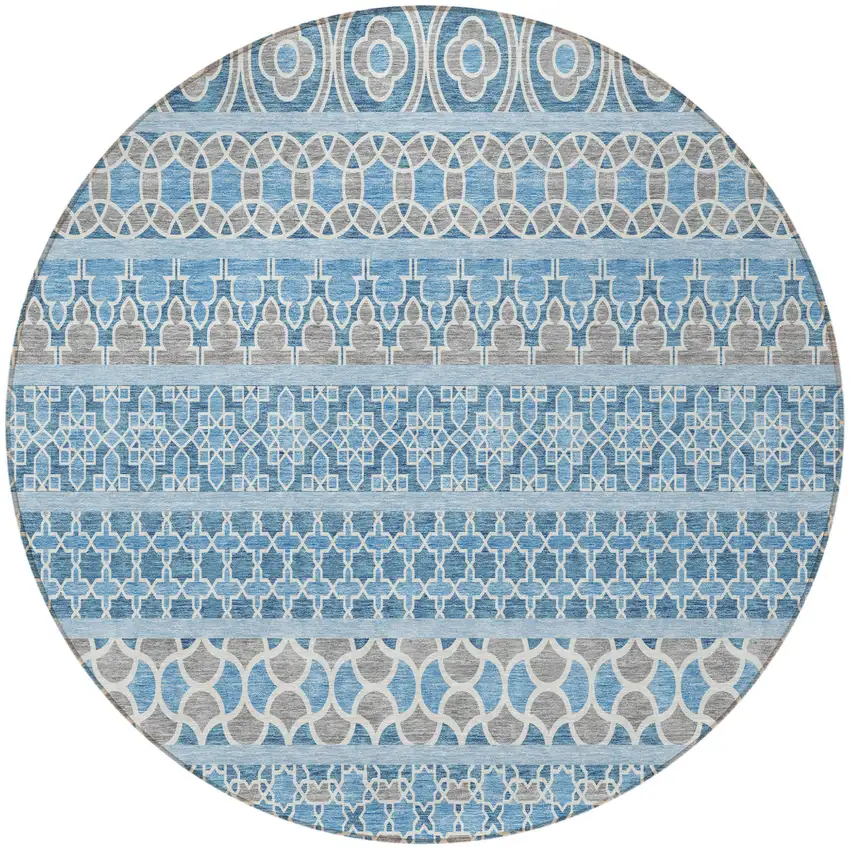 8' Sky Blue And Denim Blue Round Quatrefoil Washable Indoor Outdoor Area Rug Photo 6